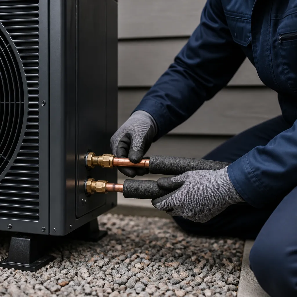 Instalator podłączający jednostkę pompy ciepła